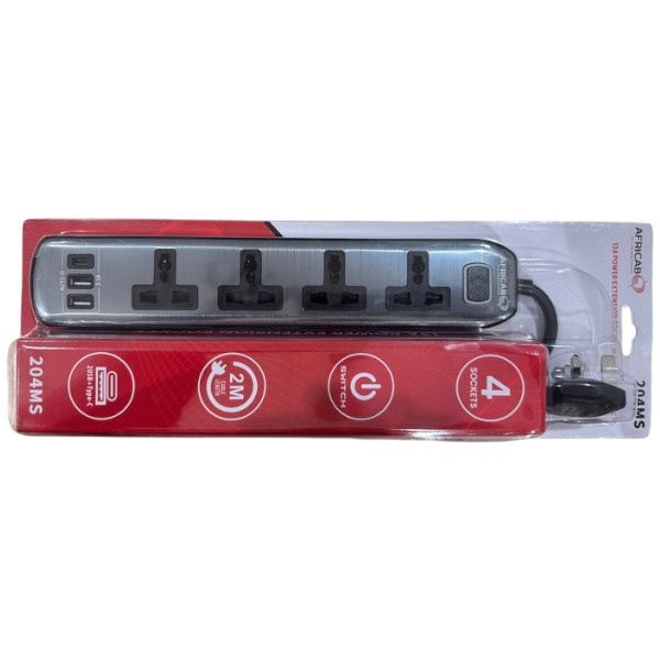 Extension Africab 204Ms Grey 2 mtr 4Way+2Usb+Type-C