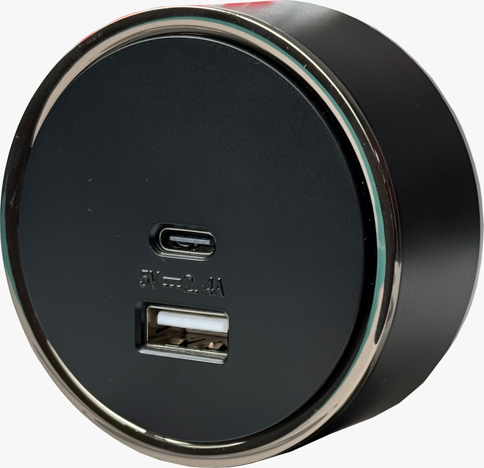 USB Type A+Type C Total 2.4A With Blue Light In Black Color + Electroplating Ring